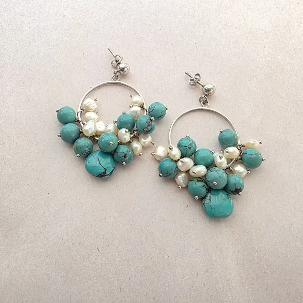Diana Venezia Sterling Silver 925 Earrings Turquoise Boho Beaded Dangle‎ Cluster